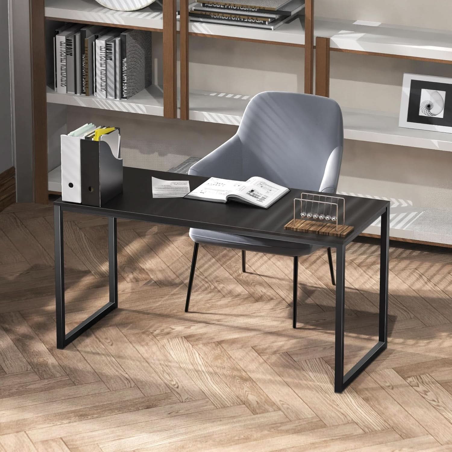 55 Inch Black Computer Desk Powder Coated Steel Frame